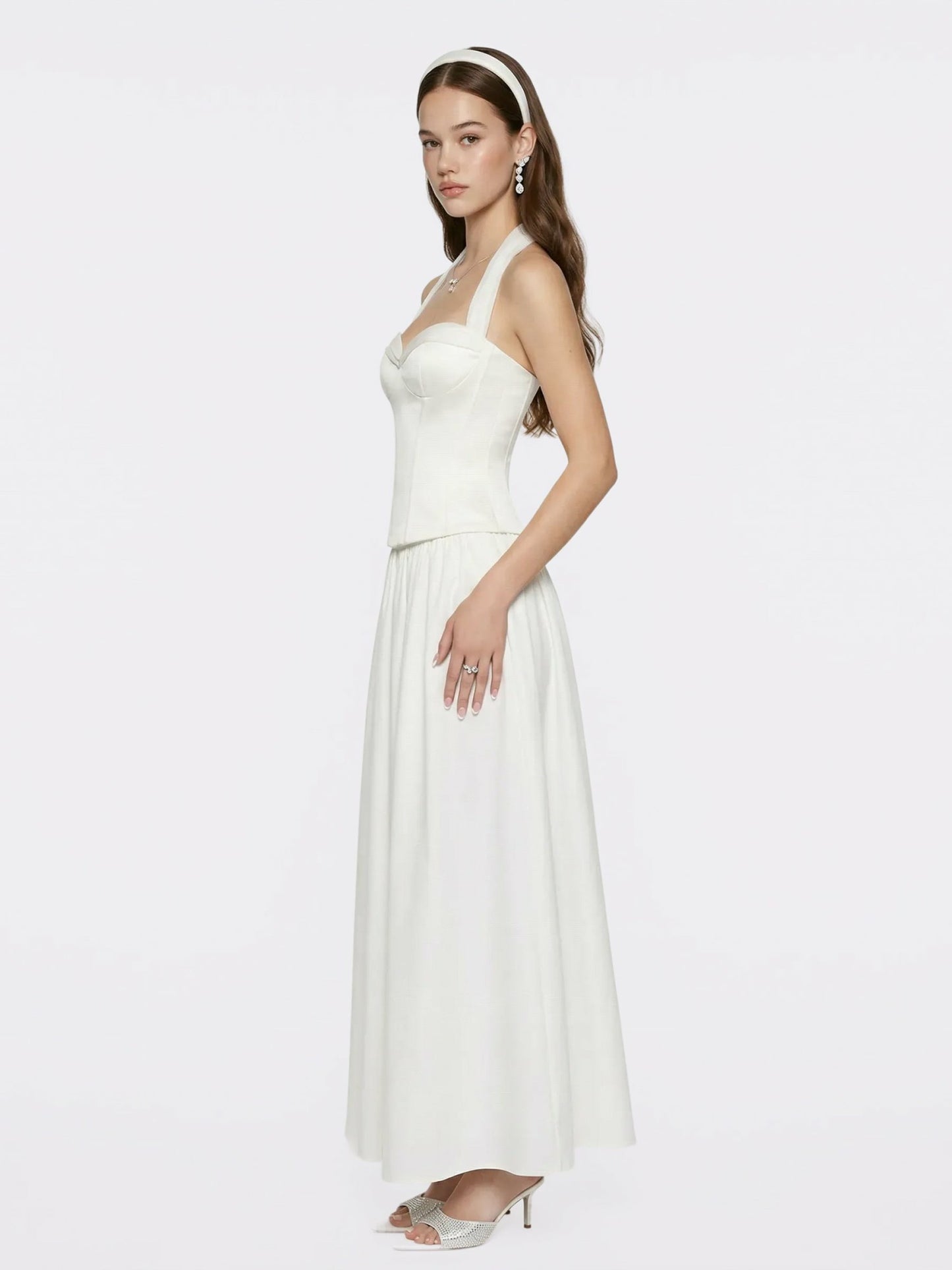 Nana Jacqueline White Satin Halter Top with Crystal Bow White