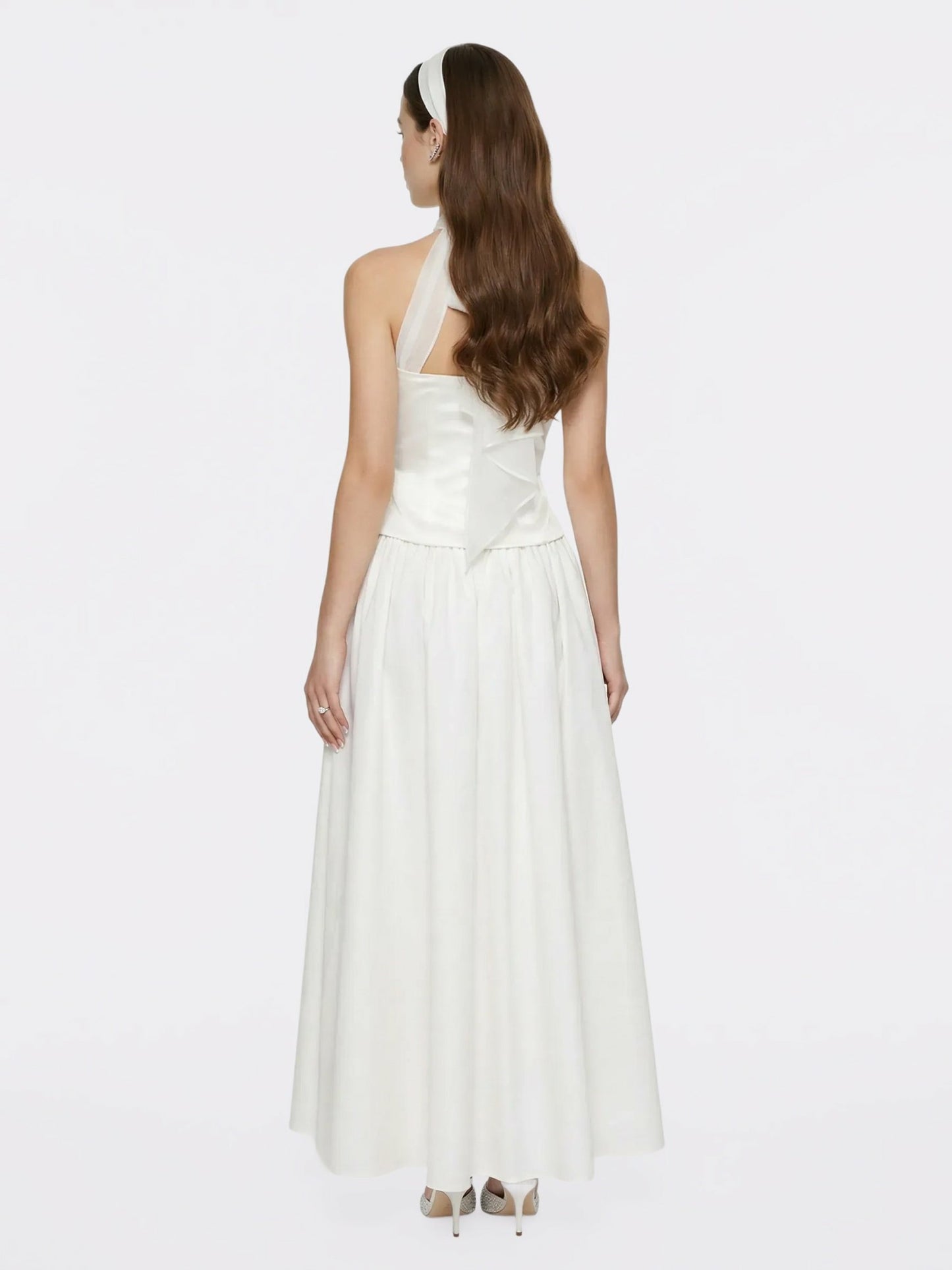 Nana Jacqueline White Satin Halter Top with Crystal Bow White