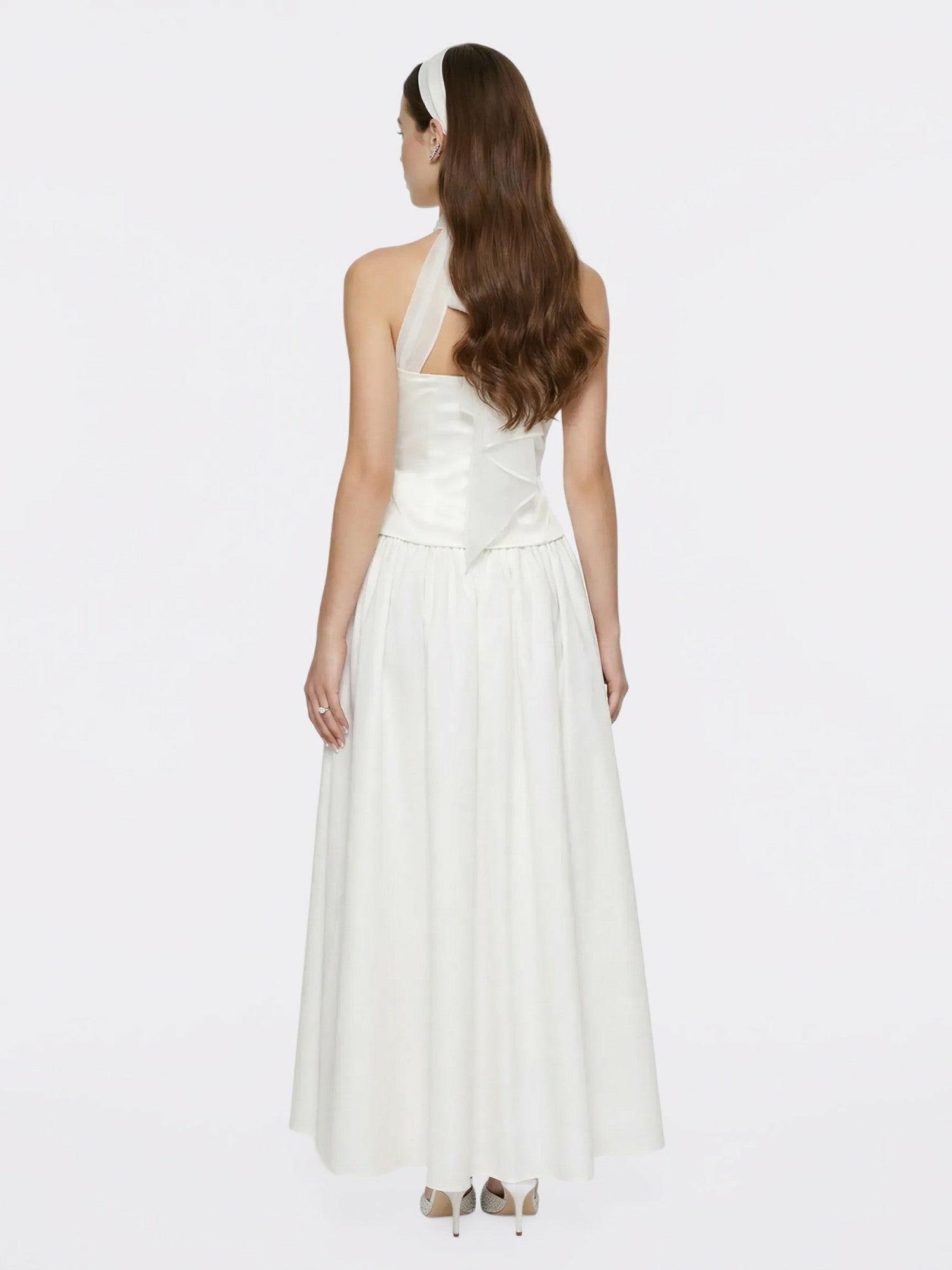 Nana Jacqueline White Satin Halter Top with Crystal Bow White