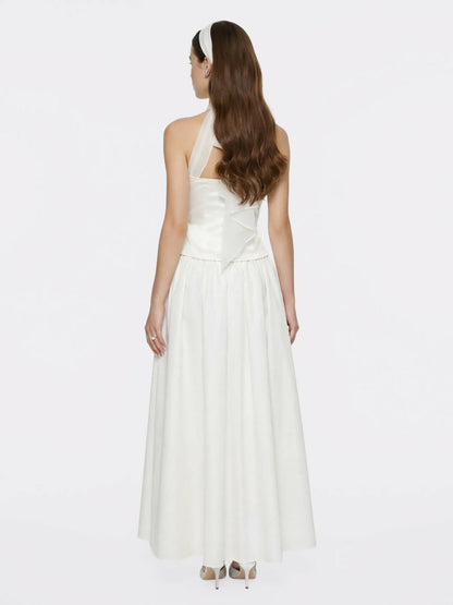 Nana Jacqueline White Satin Halter Top with Crystal Bow White