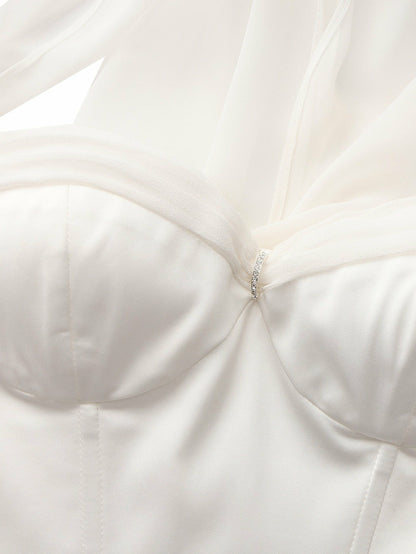 Nana Jacqueline White Satin Halter Top with Crystal Bow White