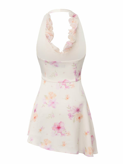 Nana Jacqueline Ella Halter Ruffle Ivory Floral Dress Beige