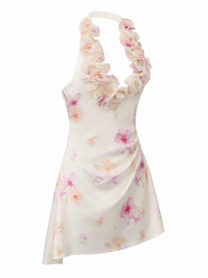 Nana Jacqueline Ella Halter Ruffle Ivory Floral Dress Beige
