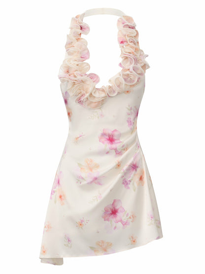 Nana Jacqueline Ella Halter Ruffle Ivory Floral Dress Beige