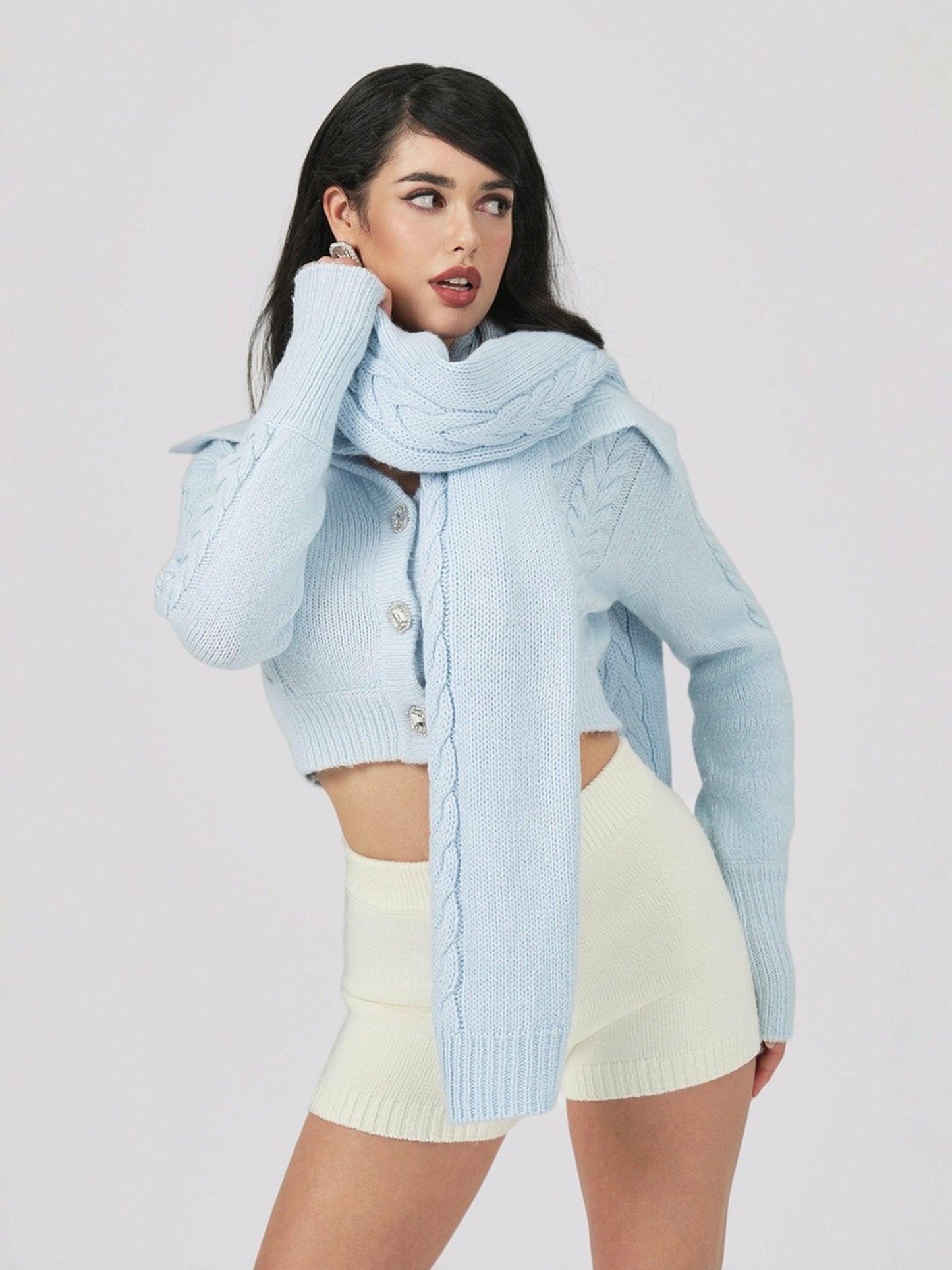 Nana Jacqueline Addison Coat + Scarf Set: Blue Knit Set for Resort Brunch Blue