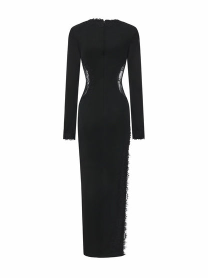 Nana Jacqueline Adriana Lace High-Slit Black Acetate Maxi Dress Black