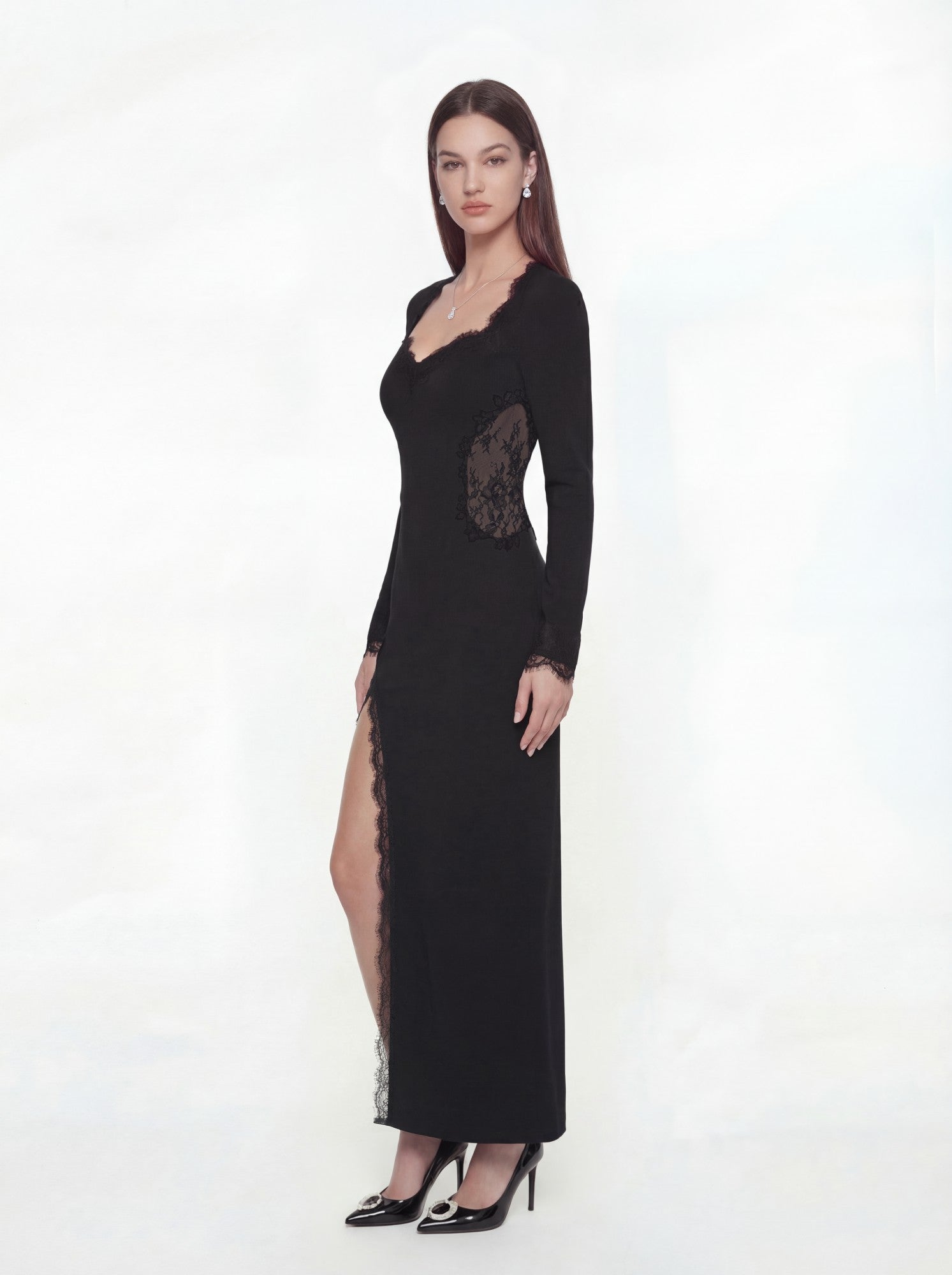 Nana Jacqueline Adriana Lace High-Slit Black Acetate Maxi Dress Black