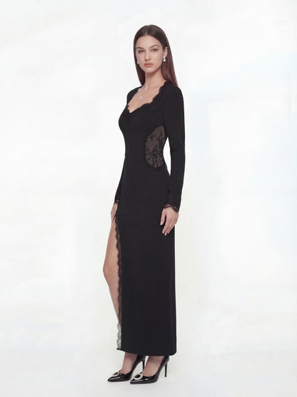 Nana Jacqueline Adriana Lace High-Slit Black Acetate Maxi Dress Black