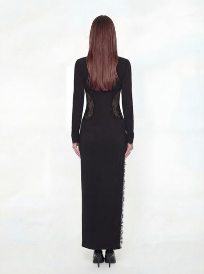 Nana Jacqueline Adriana Lace High-Slit Black Acetate Maxi Dress Black