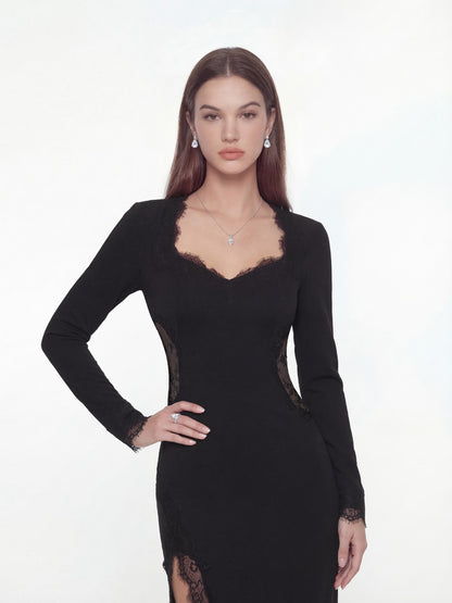 Nana Jacqueline Adriana Lace High-Slit Black Acetate Maxi Dress Black