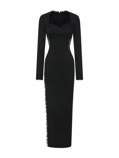 Nana Jacqueline Adriana Lace High-Slit Black Acetate Maxi Dress Black