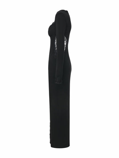 Nana Jacqueline Adriana Lace High-Slit Black Acetate Maxi Dress Black