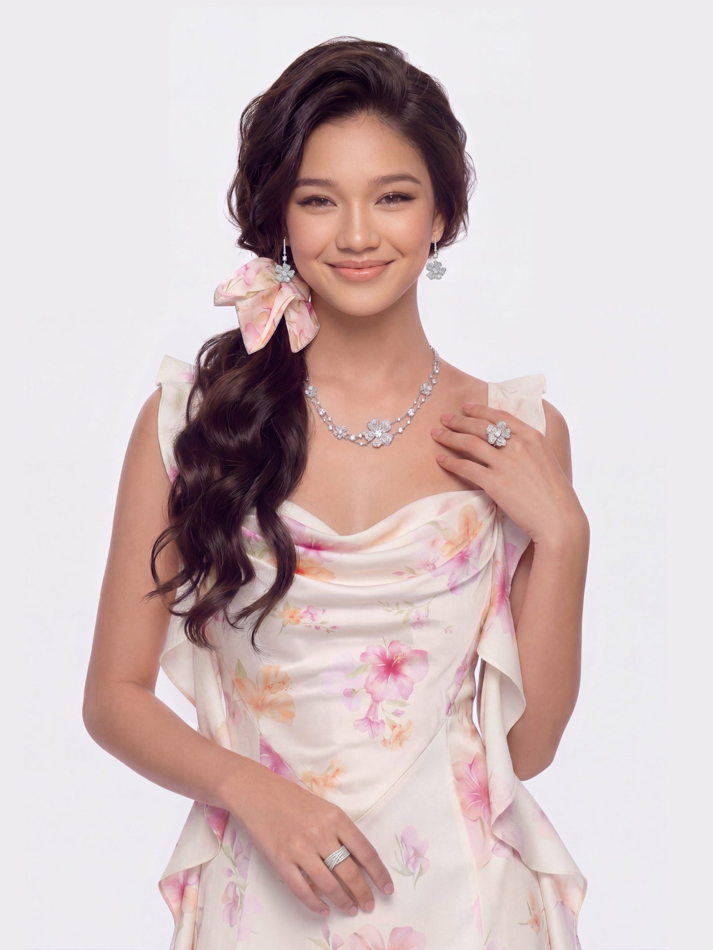 Nana Jacqueline Karina Open-Back Floral Ivory Dress Champagne