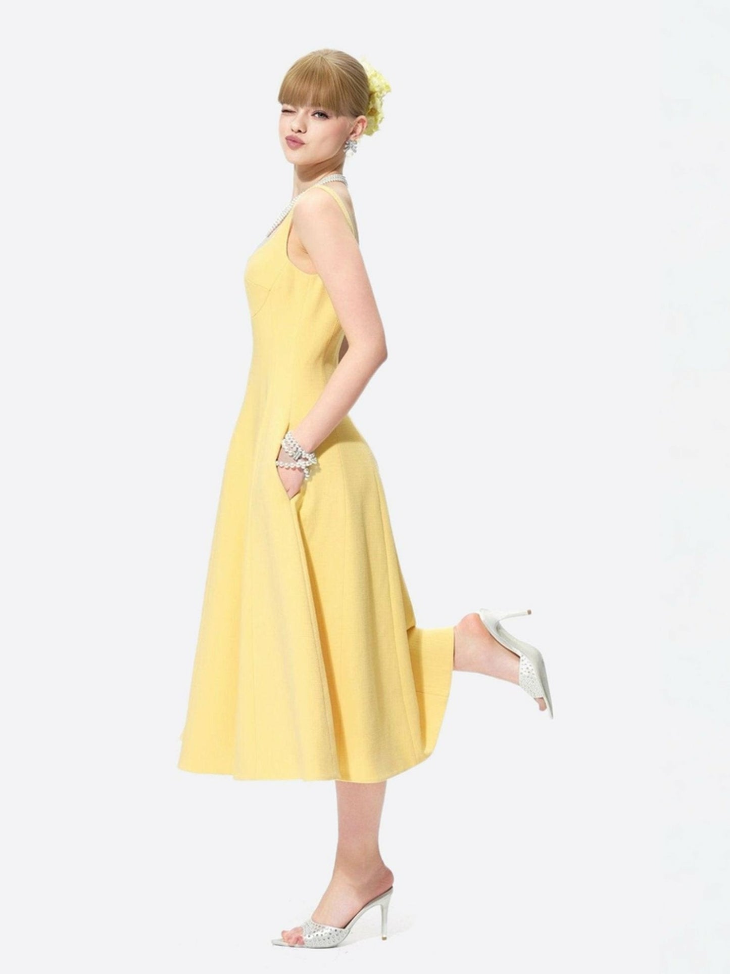 Nana Jacqueline Josephine Dress: Yellow Midi Dress for Garden Party Yellow