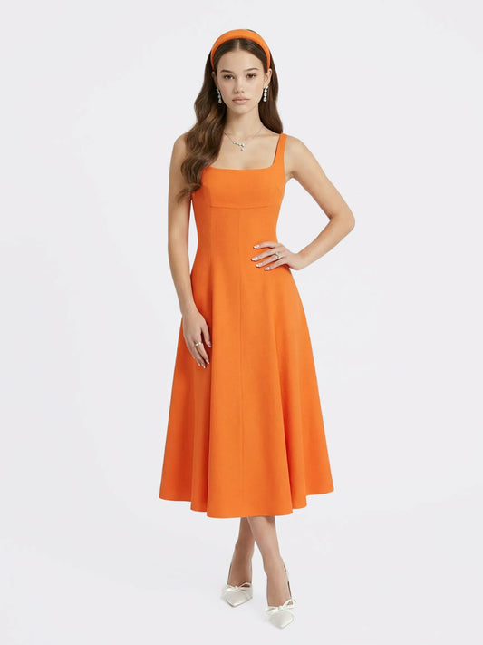 Nana Jacqueline Orange Square-Neck Paneled Midi Dress Orange