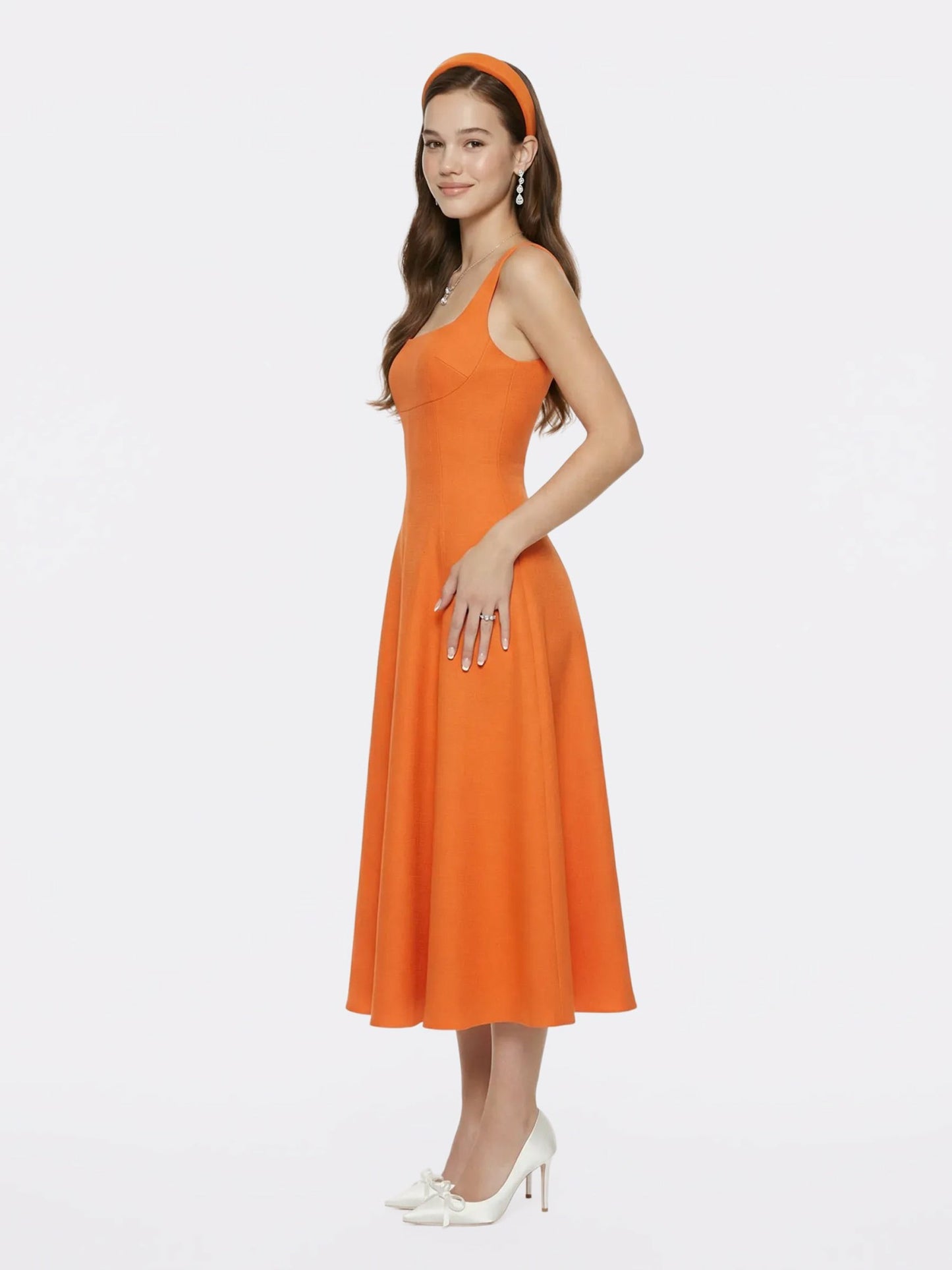 Nana Jacqueline Orange Square-Neck Paneled Midi Dress Orange
