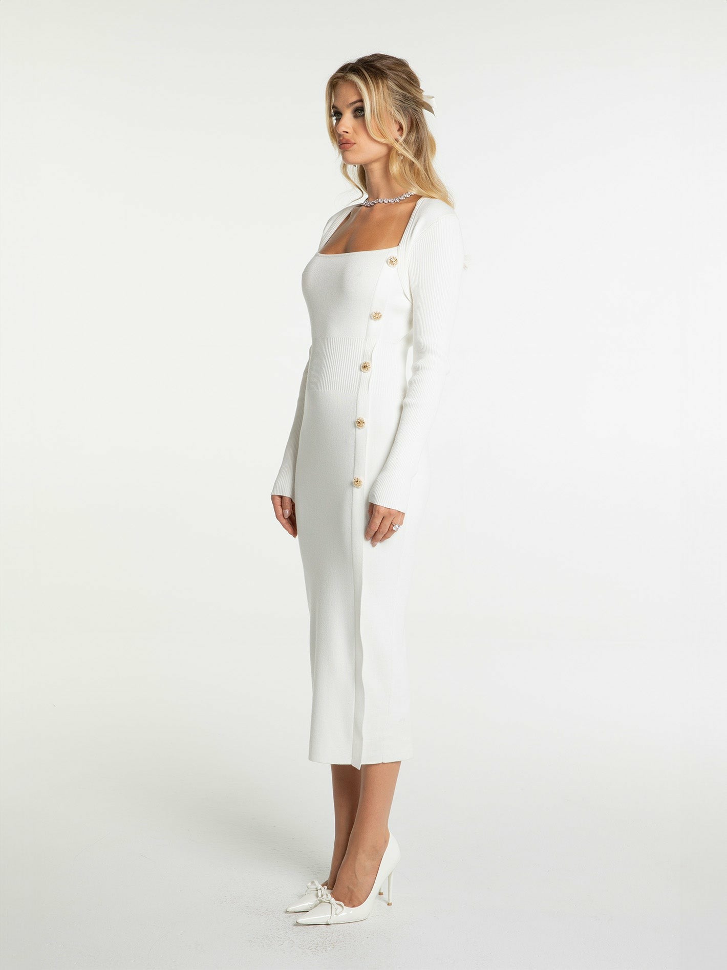 Nana Jacqueline Rylee Knit Dress: White Midi Dress for Bridal Shower White