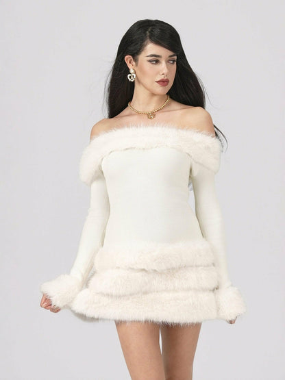 Nana Jacqueline Mila Fur Dress: White Mini Dress for Wedding After-Party White