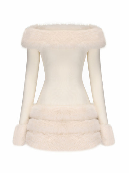 Nana Jacqueline Mila Fur Dress: White Mini Dress for Wedding After-Party White