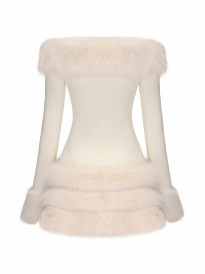 Nana Jacqueline Mila Fur Dress: White Mini Dress for Wedding After-Party White