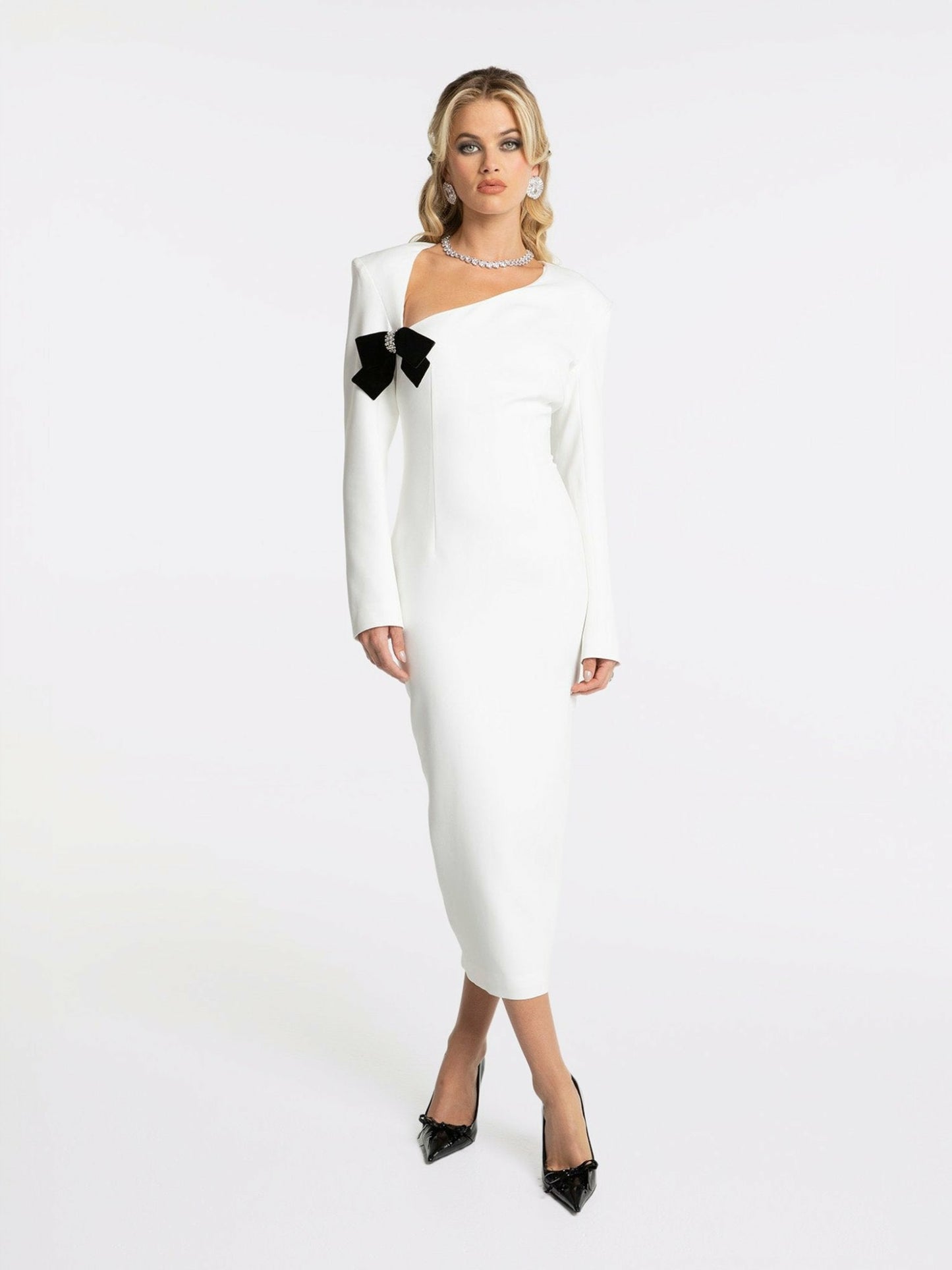 Nana Jacqueline Ellie Bow Dress: White Midi Dress for Rehearsal Dinner White