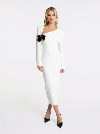 Nana Jacqueline Ellie Bow Dress: White Midi Dress for Rehearsal Dinner White