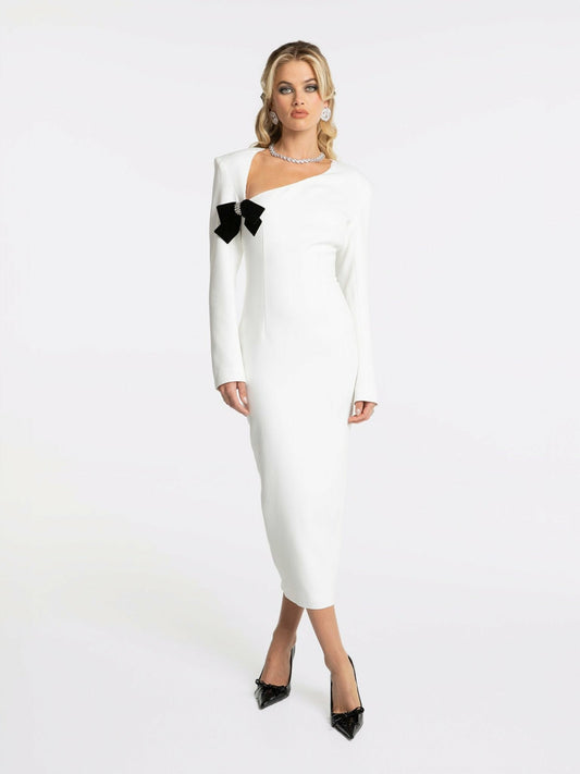 Nana Jacqueline Ellie Bow Dress: White Midi Dress for Rehearsal Dinner White