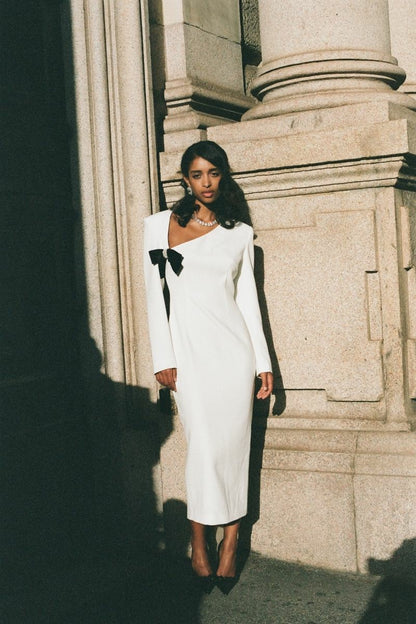 Nana Jacqueline Ellie Bow Dress: White Midi Dress for Rehearsal Dinner White