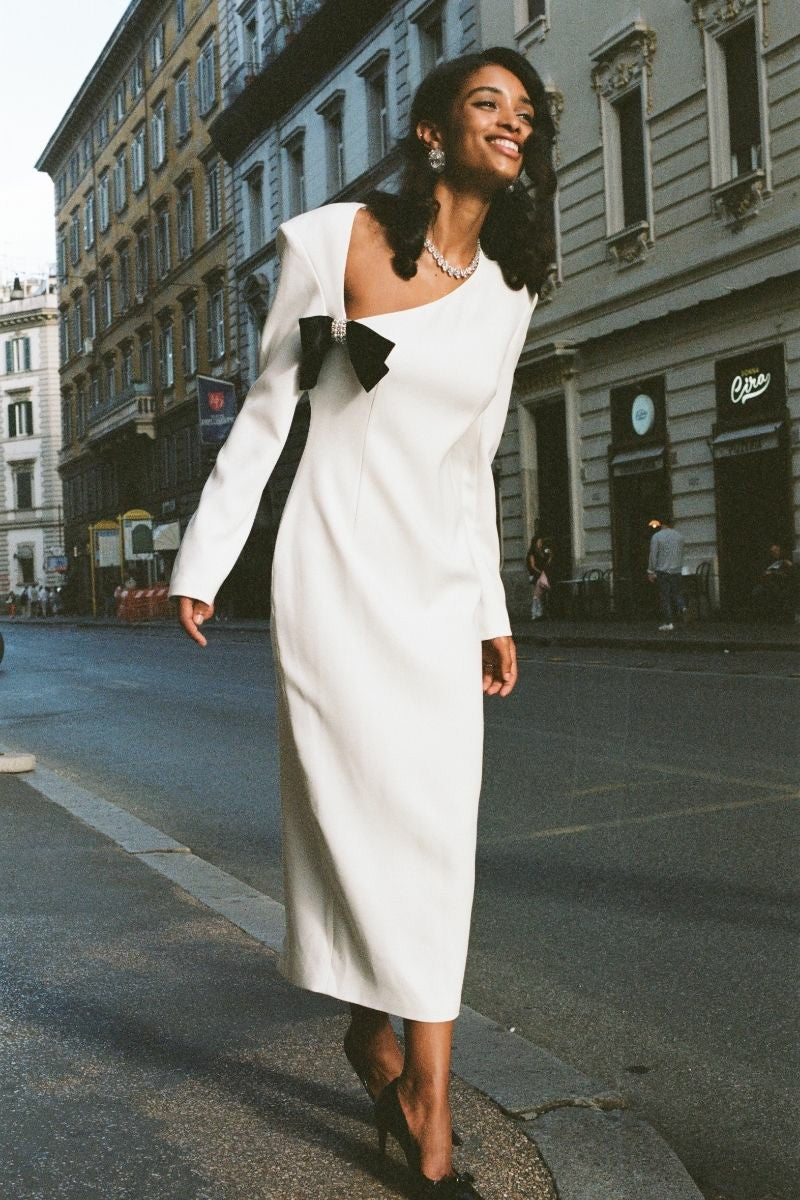 Nana Jacqueline Ellie Bow Dress: White Midi Dress for Rehearsal Dinner White