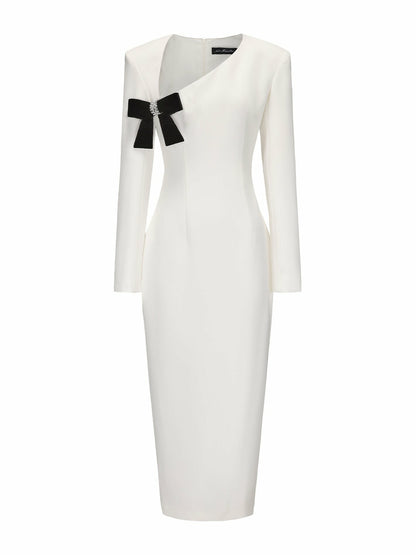 Nana Jacqueline Ellie Bow Dress: White Midi Dress for Rehearsal Dinner White