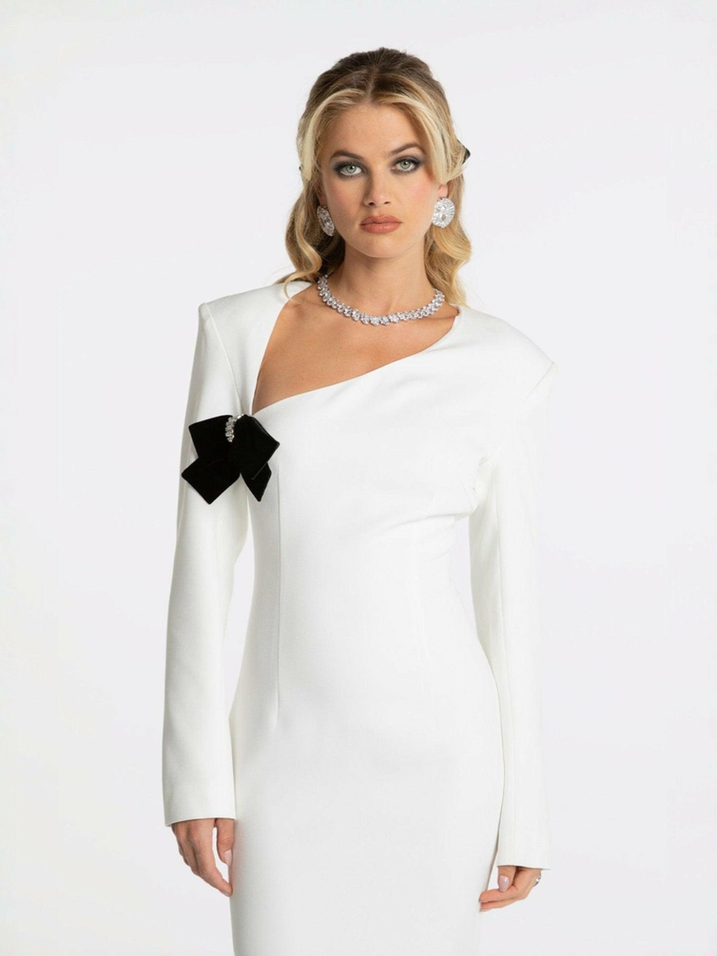 Nana Jacqueline Ellie Bow Dress: White Midi Dress for Rehearsal Dinner White