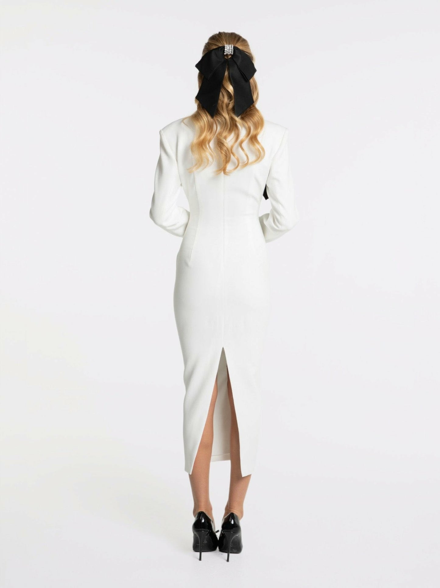 Nana Jacqueline Ellie Bow Dress: White Midi Dress for Rehearsal Dinner White