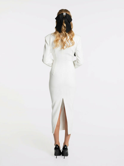 Nana Jacqueline Ellie Bow Dress: White Midi Dress for Rehearsal Dinner White
