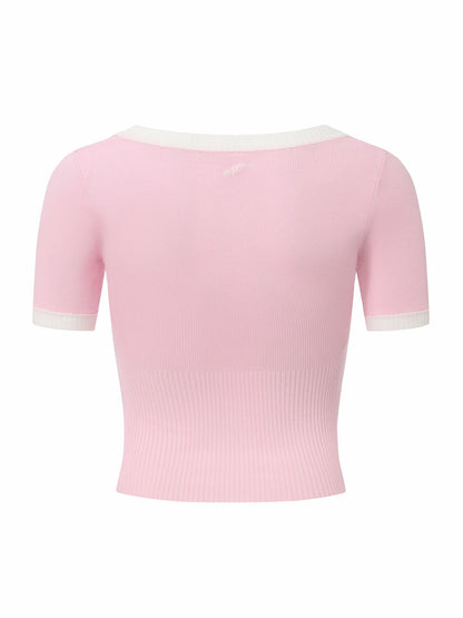 Nana Jacqueline Pink Contrast-Trim Fitted Knit Top Pink