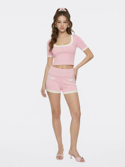 Nana Jacqueline Pink Contrast-Trim Fitted Knit Top Pink