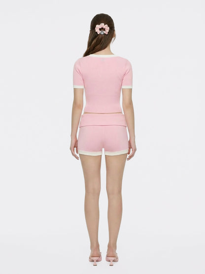 Nana Jacqueline Pink Contrast-Trim Fitted Knit Top Pink