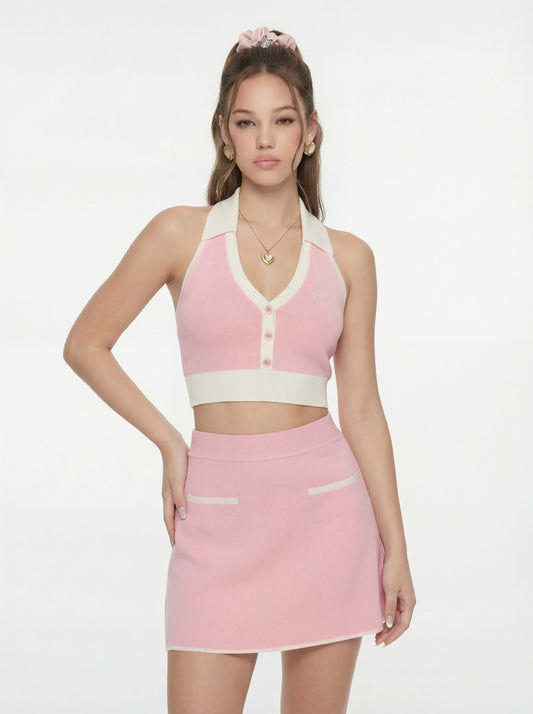 Nana Jacqueline Pink Contrast Halter Knit Top Pink