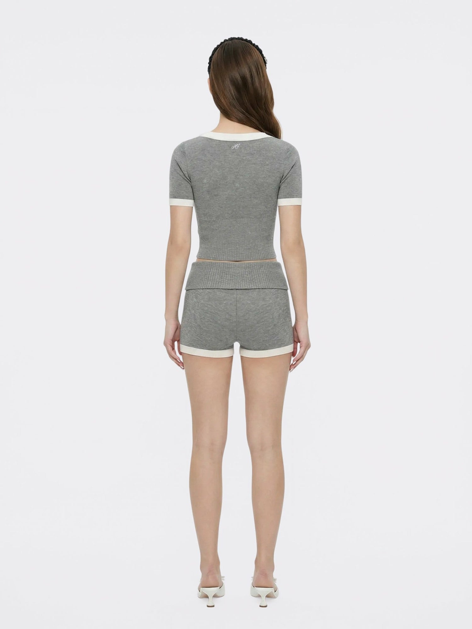Nana Jacqueline Grey Contrast-Trim Knit Top with Pearl Buttons Grey