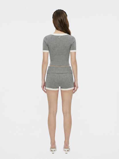 Nana Jacqueline Grey Contrast-Trim Knit Top with Pearl Buttons Grey