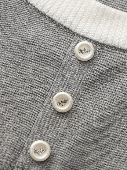 Nana Jacqueline Grey Contrast-Trim Knit Top with Pearl Buttons Grey