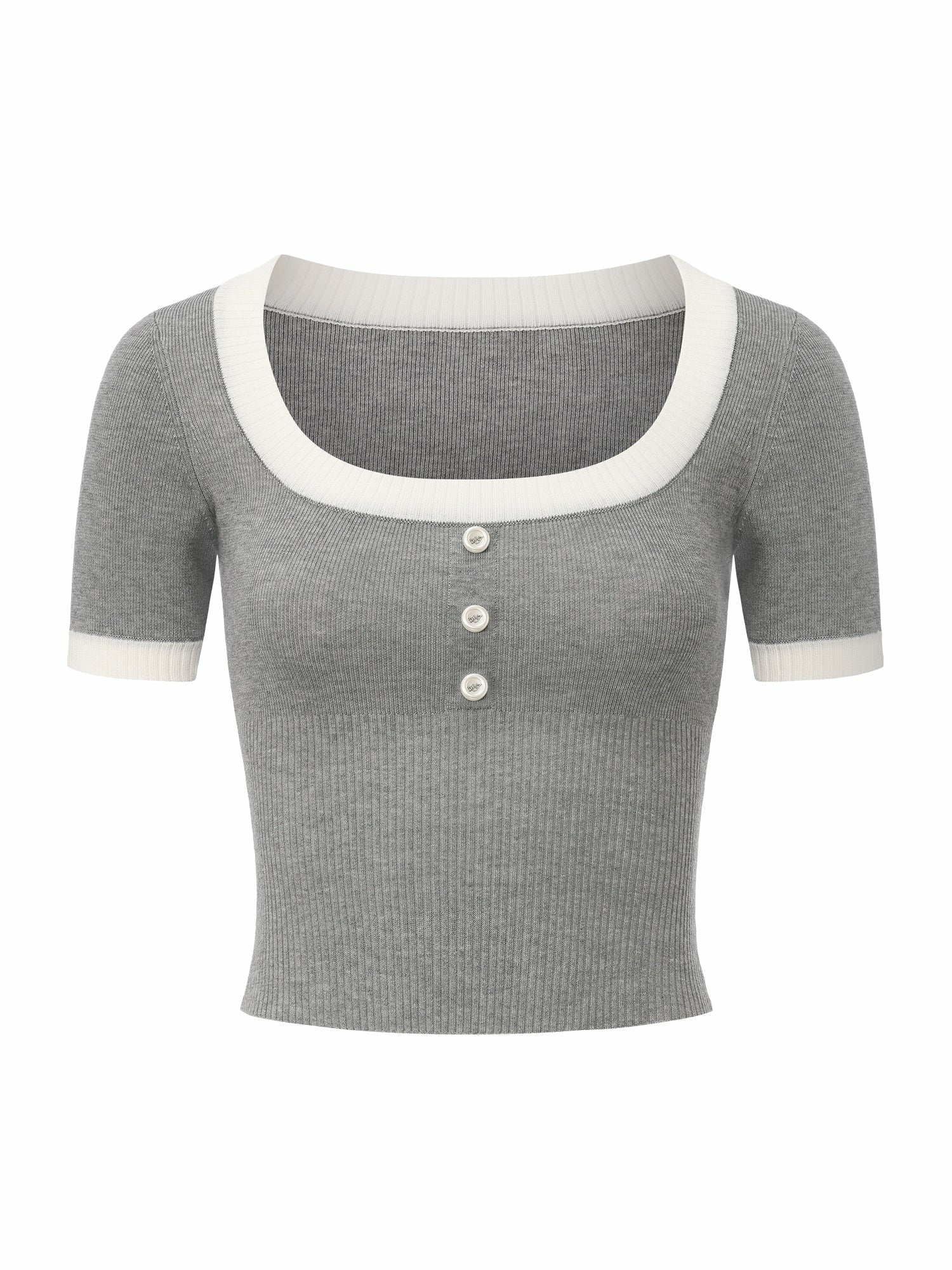 Nana Jacqueline Grey Contrast-Trim Knit Top with Pearl Buttons Grey