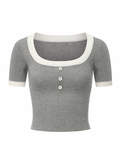 Nana Jacqueline Grey Contrast-Trim Knit Top with Pearl Buttons Grey