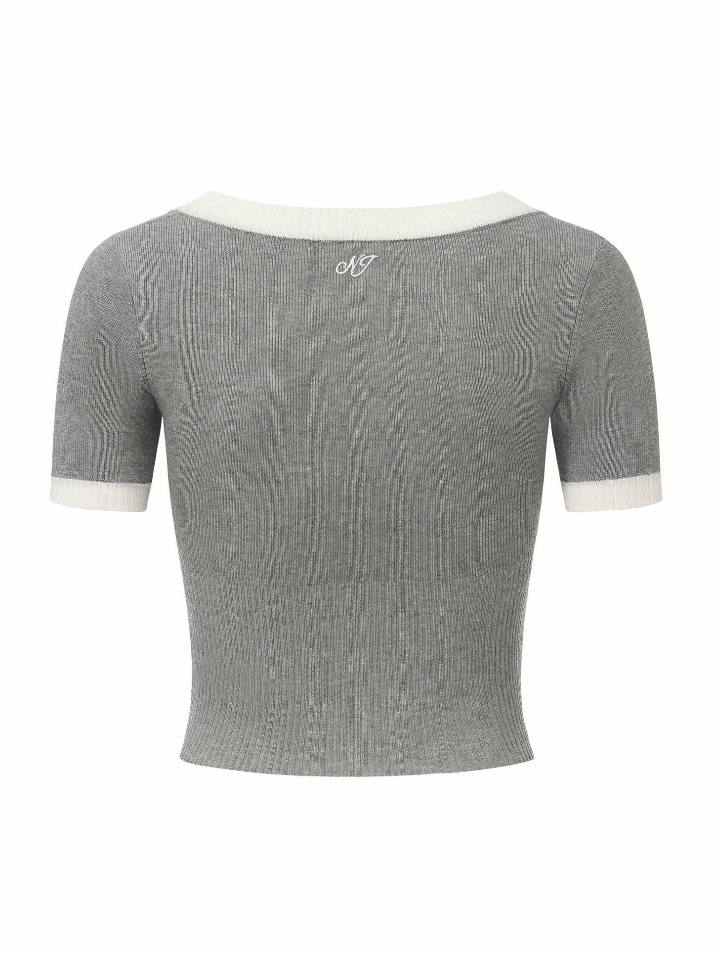 Nana Jacqueline Grey Contrast-Trim Knit Top with Pearl Buttons Grey