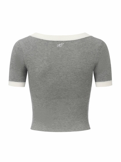Nana Jacqueline Grey Contrast-Trim Knit Top with Pearl Buttons Grey
