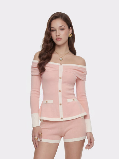 Nana Jacqueline Colette Off-Shoulder Contrast Knit Blush Pink Top Pink