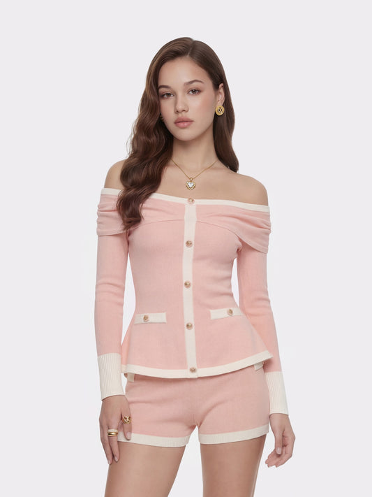 Nana Jacqueline Colette Off-Shoulder Contrast Knit Blush Pink Top Pink
