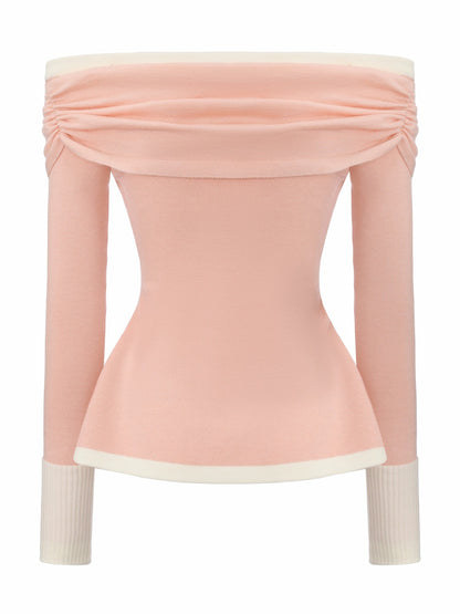 Nana Jacqueline Colette Off-Shoulder Contrast Knit Blush Pink Top Pink
