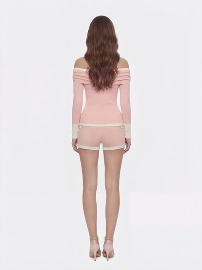 Nana Jacqueline Colette Off-Shoulder Contrast Knit Blush Pink Top Pink