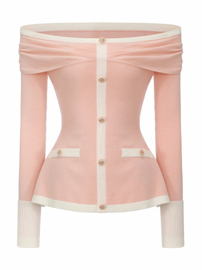 Nana Jacqueline Colette Off-Shoulder Contrast Knit Blush Pink Top Pink