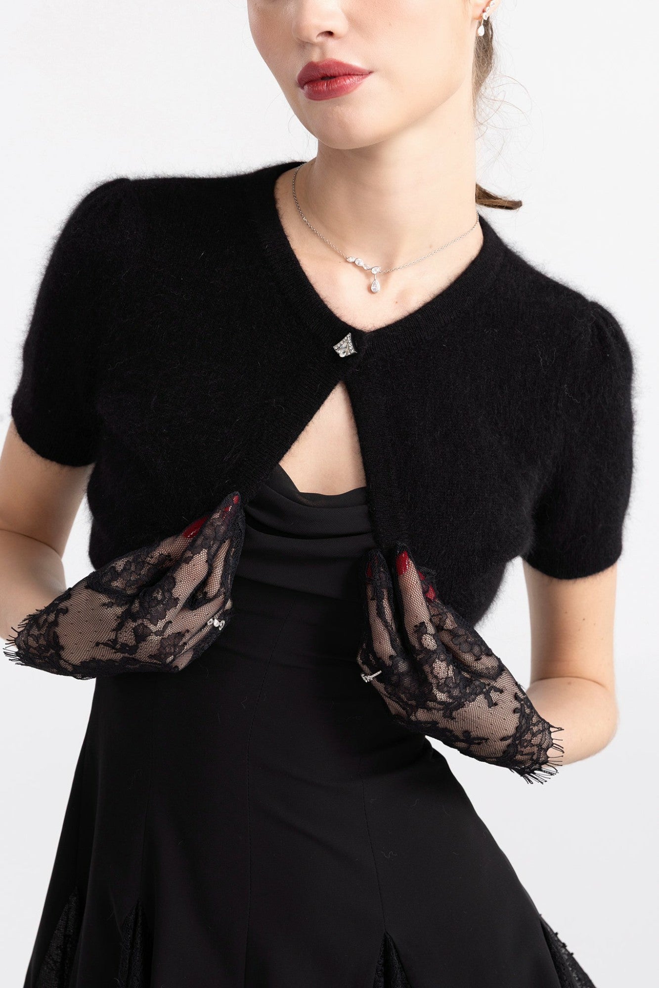 Nana Jacqueline Elara Knitted Cropped Cardigan: Black Cardigan for Date Night Black